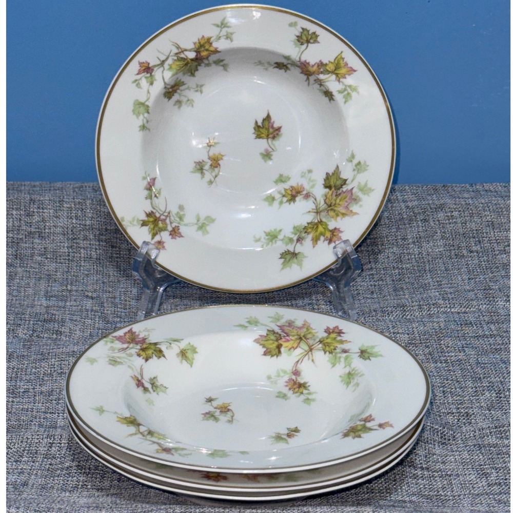 Haviland Limoges Autumn Leaf Rimmed Soup Bowls Set of 4 Gold Trim France 7.5in